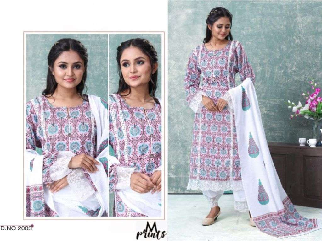 M PRINT 2003 BY AQSAWHOLESALE MUSLIN CHIKANKARI SEQUENCE READYMADE DRESS