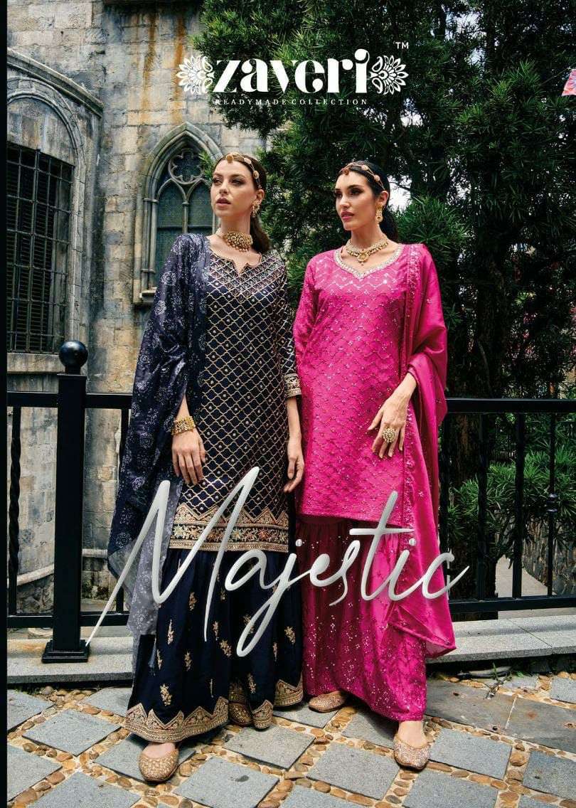 MAJESTIC BY ZAVERI 1205 TO 1209 SERIES CHINON EMBROIDERY KHATI WORK READYMADE DRESSES