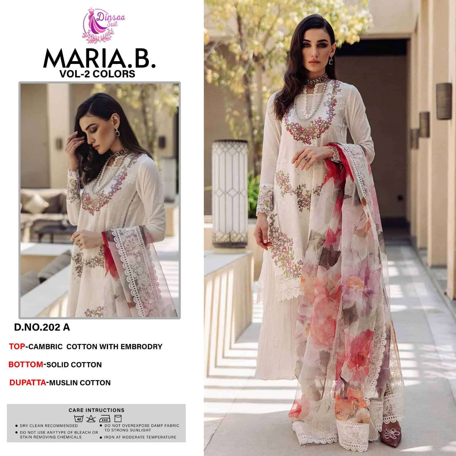 MARIA.B. VOL-2 COLOURS BY DINSAA SUIT 202-A TO 202-D SERIES COTTON WORK PAKISTANI DRESSES