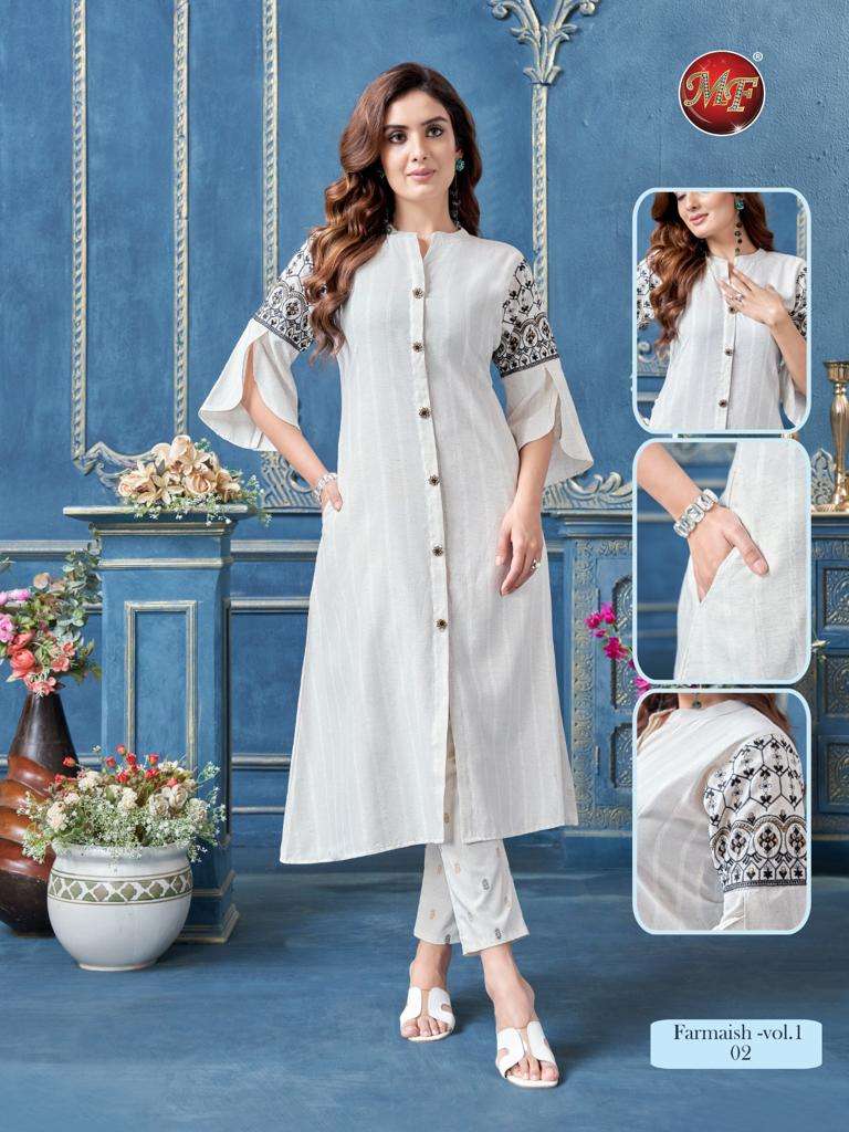 MF FARMAISH BY AQSAWHOLESALE LINEN EMBROIDERY WORK KURTI AND PANT