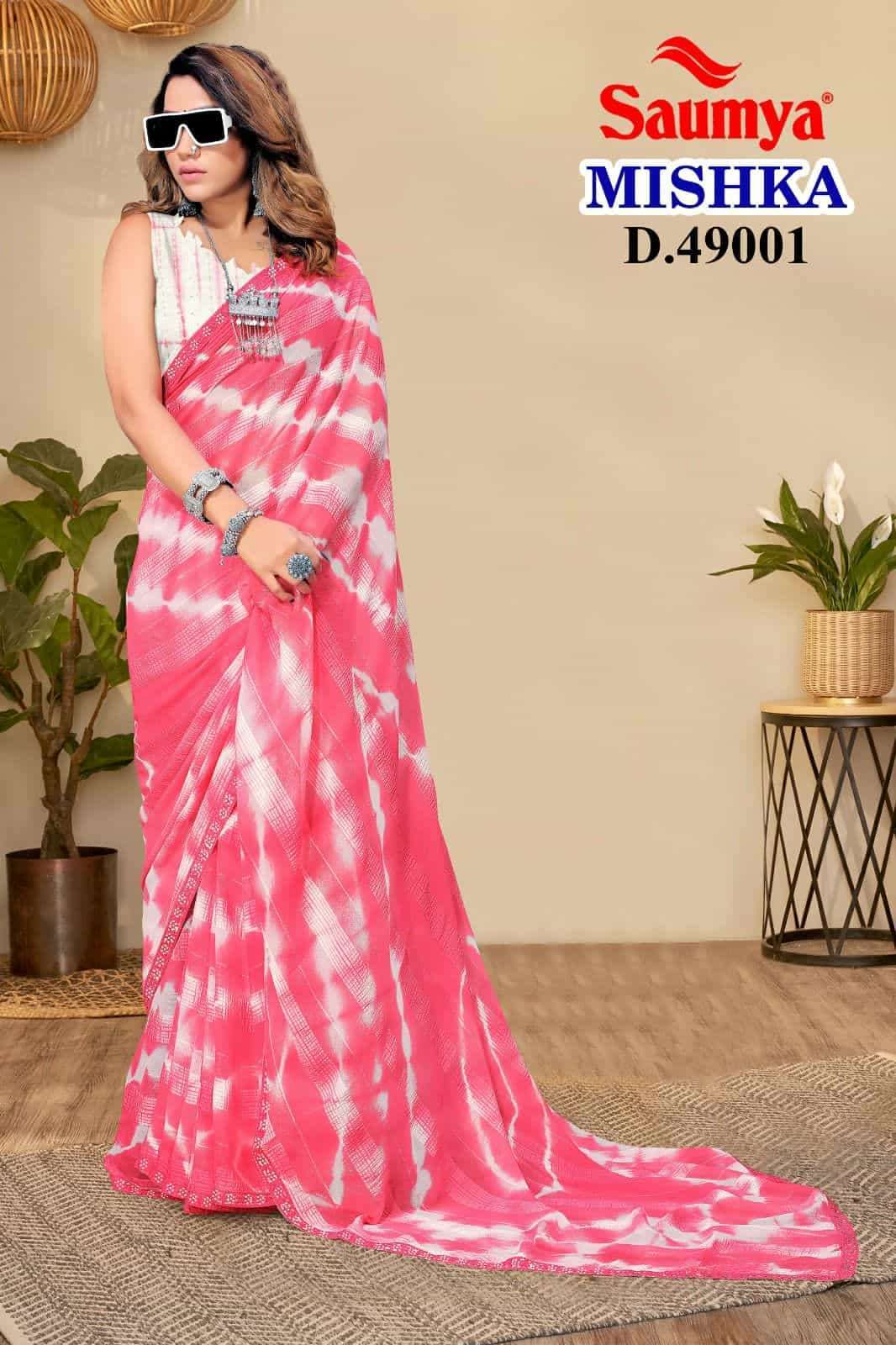 MISHIKA BY SAUMYA 49001 TO 49008 SERIES GEORGETTE PRINT SEQUENCE WORK SAREES