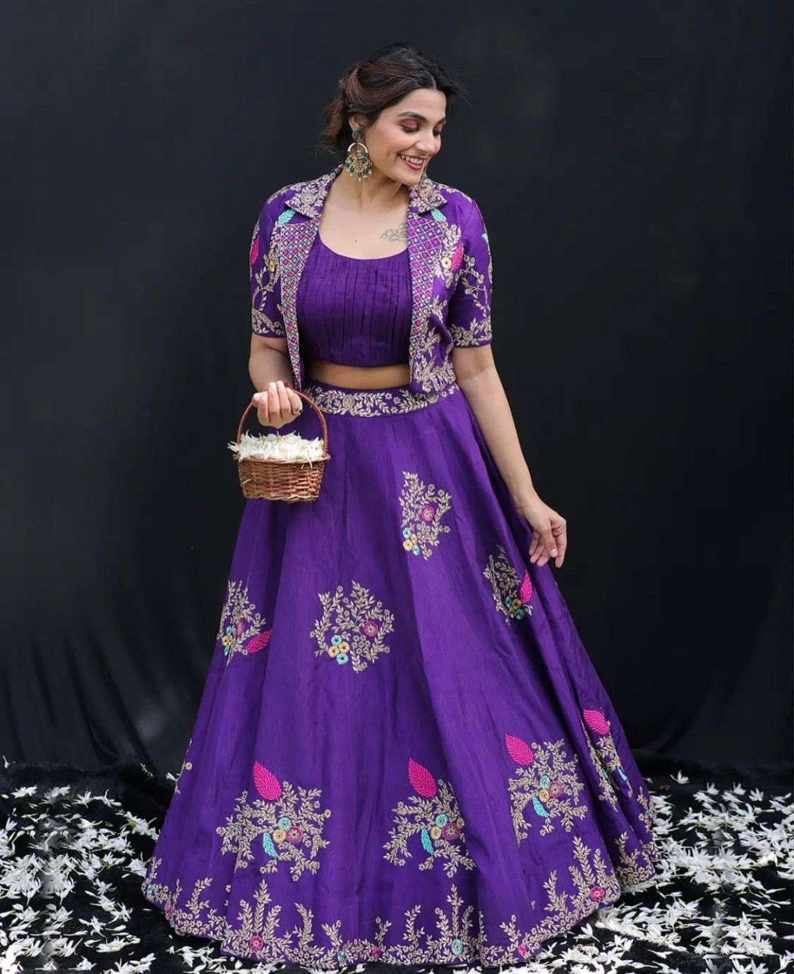 MJ-018 BY AQSAWHOLESALE CHINON EMBRODIERY WORK READYMADE CROP-TOP LEHENGA