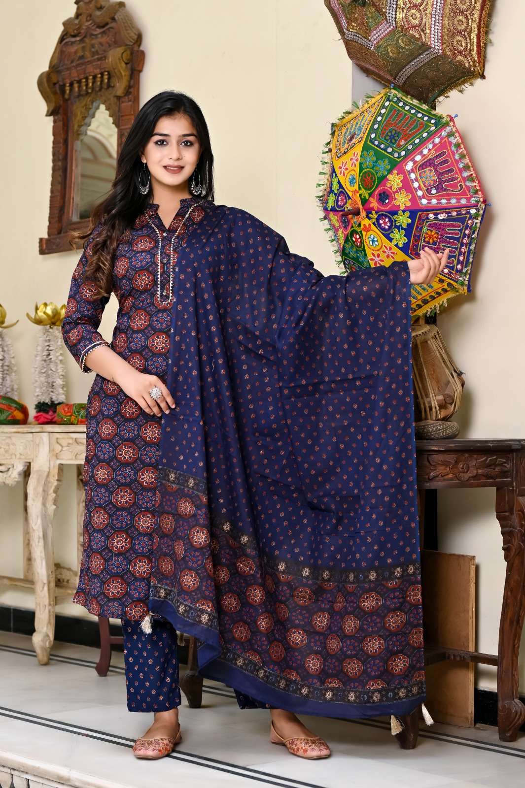 MS-1118 BY AQSAWHOLESALE COTTON AJRAKH PRINT WORK READYMADE DRESS