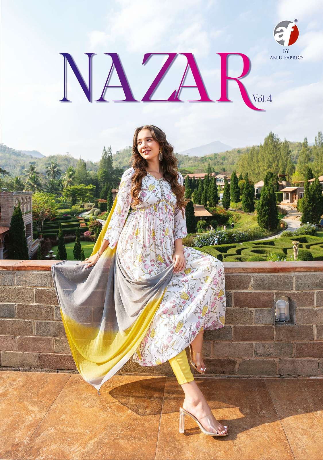 NAZAR VOL-4 BY ANJU FABRICS 7291 TO 7296 SERIES CHINON HAN WORK ALIYA READYMADE DRESSES