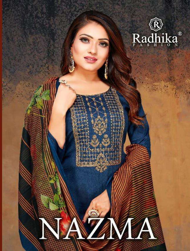 NAZMA BY RADHIKA FASHION 1001 TO 1008 SERIES ZAM COTTON EMBROIDERY DRESSES