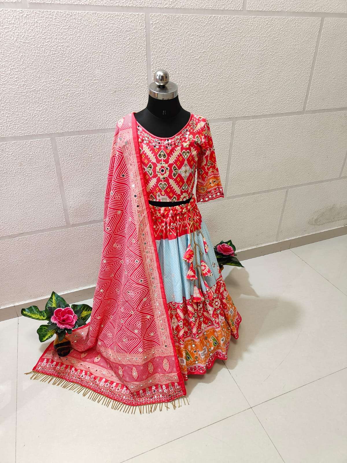 NM-1000 BY AQSAWHOLESALE SOFT SILK COTTON WORK READYMADE KIDS NAVRATRI LEHENGA