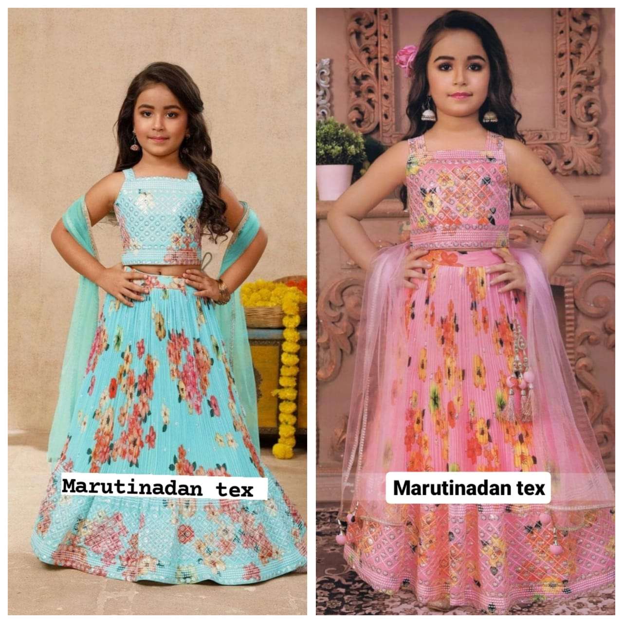 NM-328 BY AQSAWHOLESALE FAUX GEORGETTE PRINT EMBROIDERY SEQUENCE WORK KIDS LEHENGAS