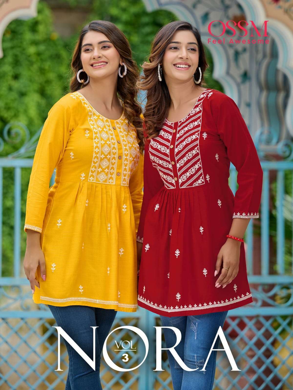 NORA VOL-3 BY OSSM 301 TO 306 SERIES HEAVY RAYON EMBROIDERY TUNICS