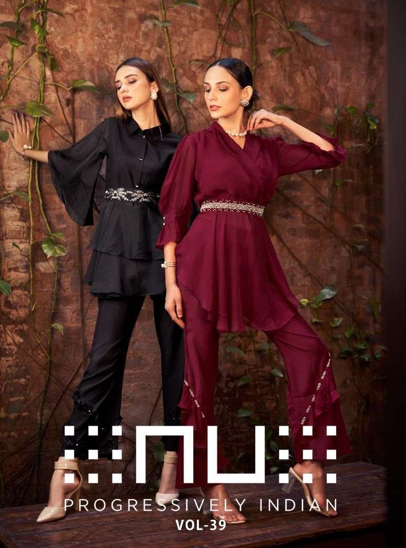 NU VOL-39 BY AQSAWHOLESALE 3901 TO 3905 SERIES VISCOSE ORGANZA HAND WORK CO-ORD SET