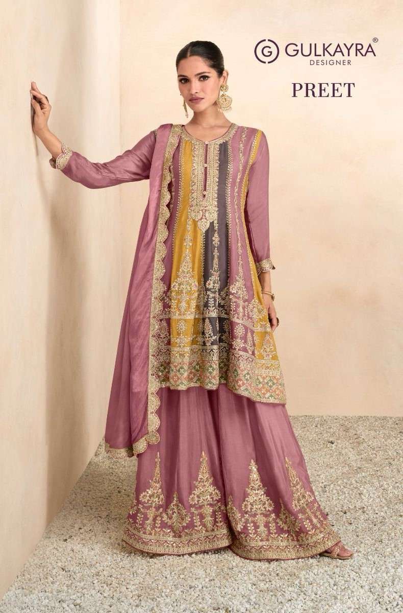 PREET BY GULKAYRA 7401-A TO 7401-C SERIES CHINON EMBRODIERY SHARARA SUITS