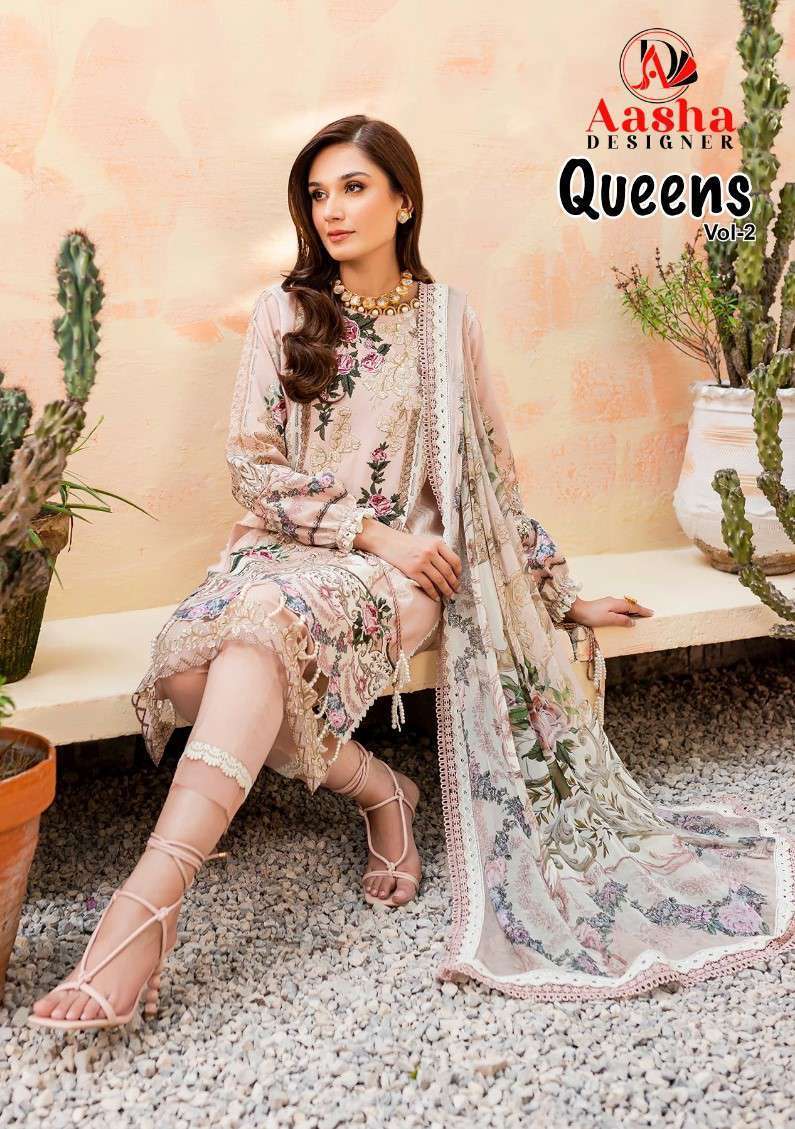 QUEEN VOL-2 BY AASHA DESIGNER 1008 TO 1012 SERIES COTTON PRINT EMBROIDERY PAKISTANI DRESSES