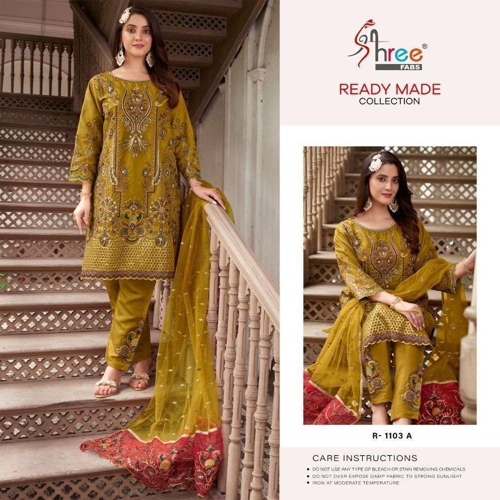 R-1103 COLOURS BY SHREE FABS 1103-A TO 1103-E SERIES ORGANZA KHATLI WORK READYMADE DRESSES