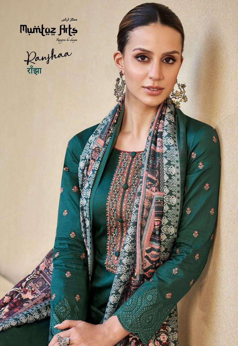 RANJHAA BY MUMTAZ ARTS 28001 TO 28006 SERIES JAM SATIN EMBROIDERY WORK DRESSES