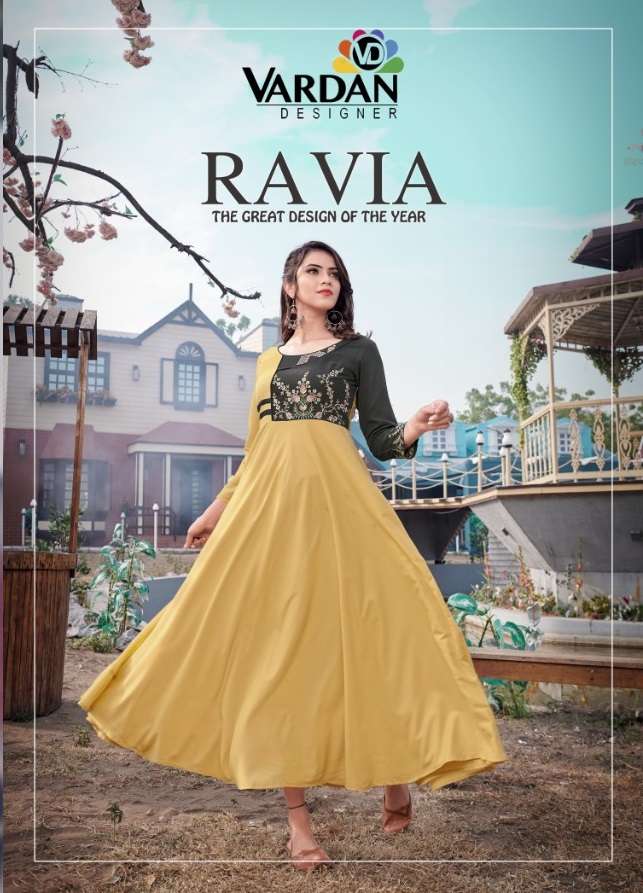 RAVIA BY VARDAN DESIGNER 6041 TO 6044 SERIES RAYON WORK LONG KURTIS