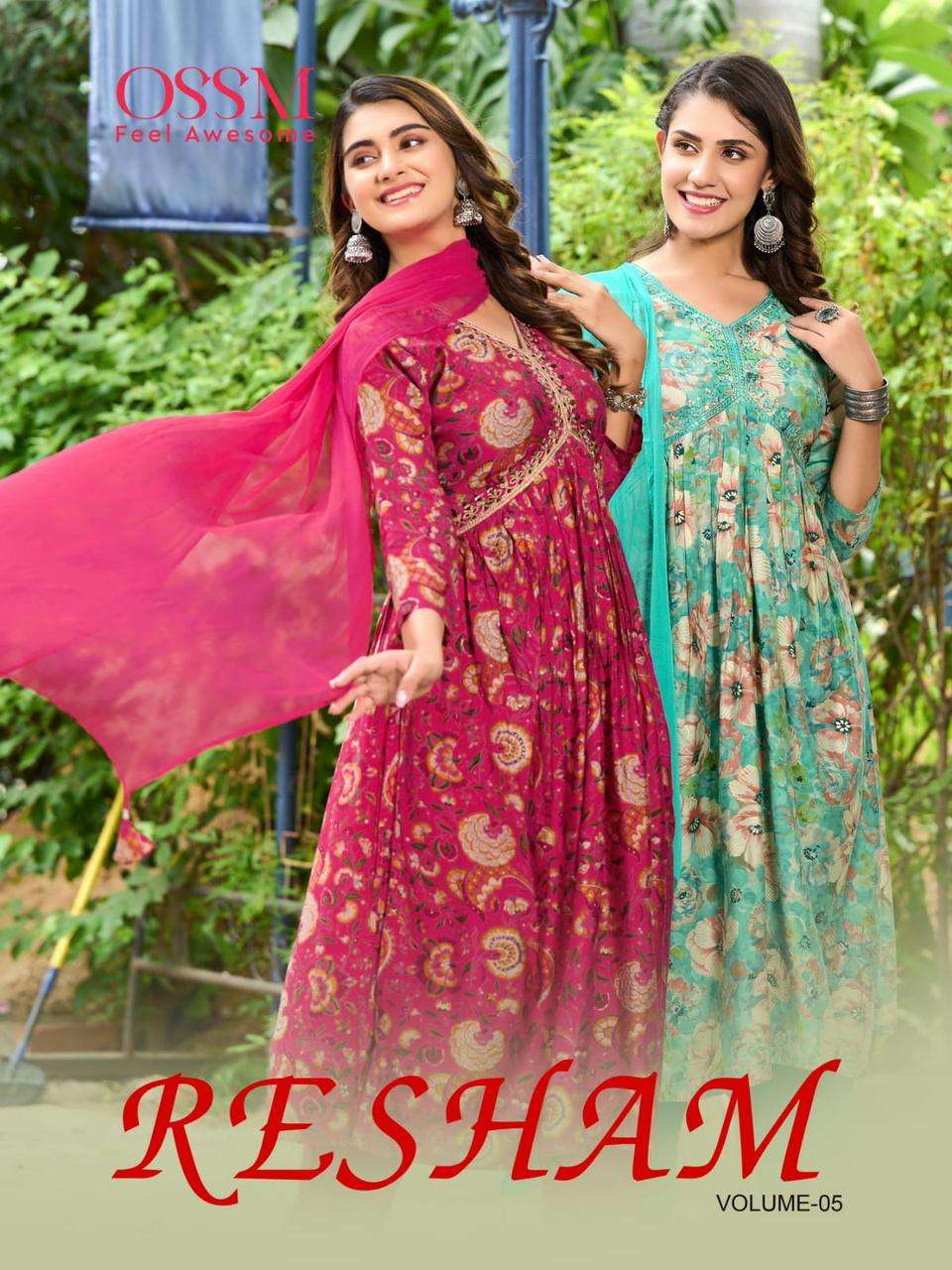 RESHAM VOL-5 BY OSSM 501 TO 506 SERIES CHANDERI EMBROIDERY MIRROR WORK READYMADE DRESSES