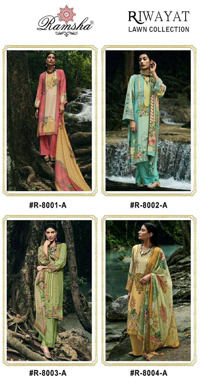 RIWAYAT LAWN COLLECTION BY RAMSHA 8001 TO 8004 SERIES LAWN EMBROIDERY PAKISTANI SUITS