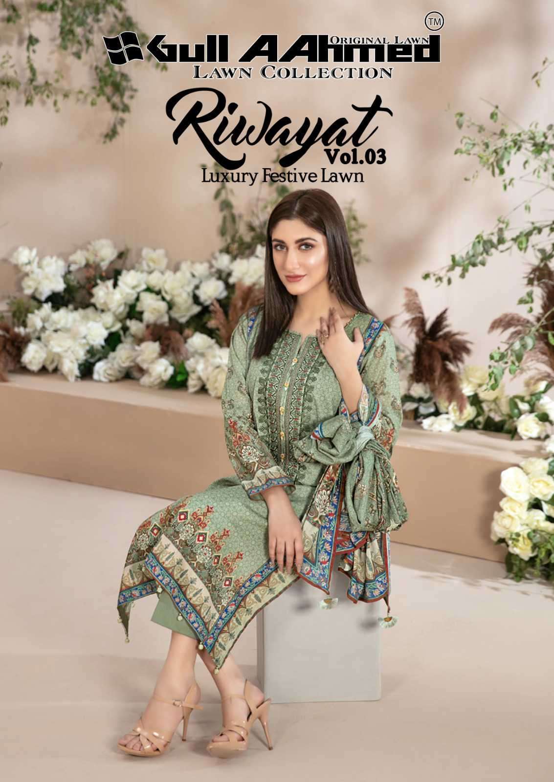 RIWAYAT VOL-3 BY GULL AAHMAD 3001 TO 3006 SERIES PURE LAWN PRINT PAKISTANI DRESSES