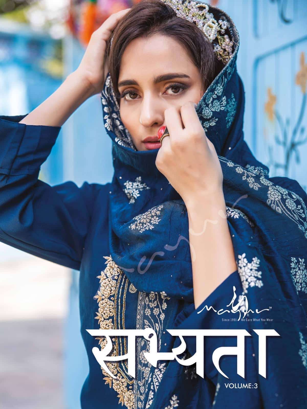 SABHYATA VOL-3 BY MAYUR 301 TO 306 SERIES ROMAN SILK EMBROIDERY READYMADE DRESSES