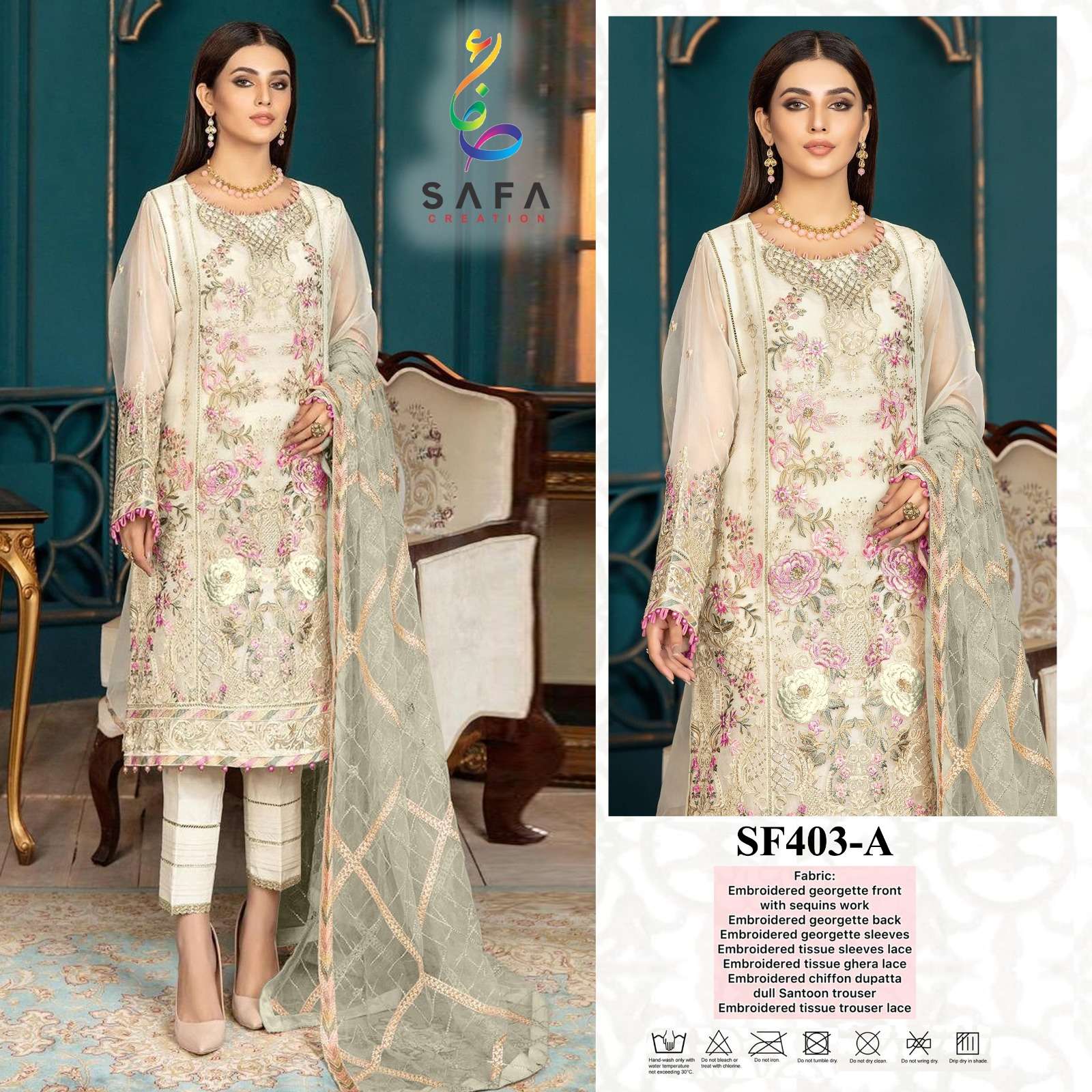 SF-403 COLOURS BY SAFA CREATION 403-A TO 403-F SERIES GEORGETTE EMBROIDERY PAKISTANI SUITS