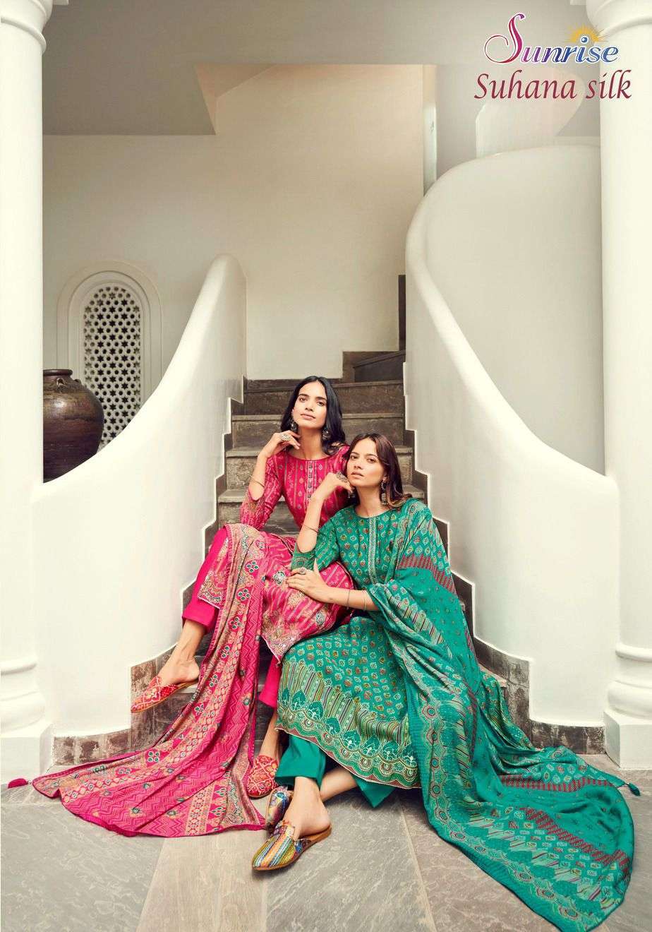 SUHANA SILK BY SUNRISE 1001 TO 1008 SERIES SILK PRINT EMBROIDERY WORK DRESSES