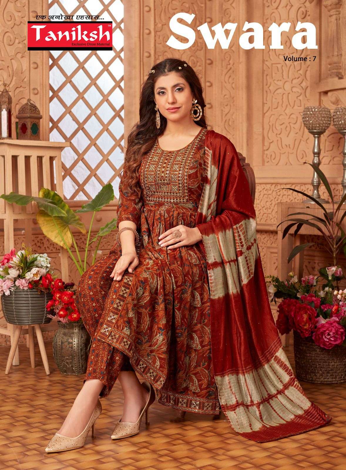 SWARA VOL-7 BY TANIKSH 701 TO 708 SERIES RAYON EMBROIDERY READYMADE DRESSES