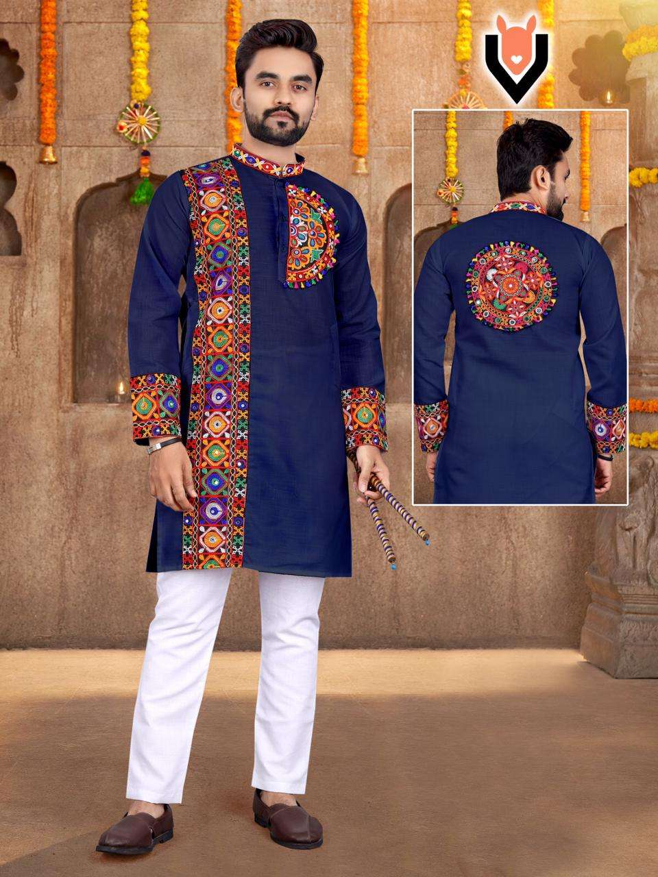 TRADITIONAL NAVRATRI READYMADE COTTON EMBROIDERY BY AQSAWHOLESALE MENS KURTA PAJAMA