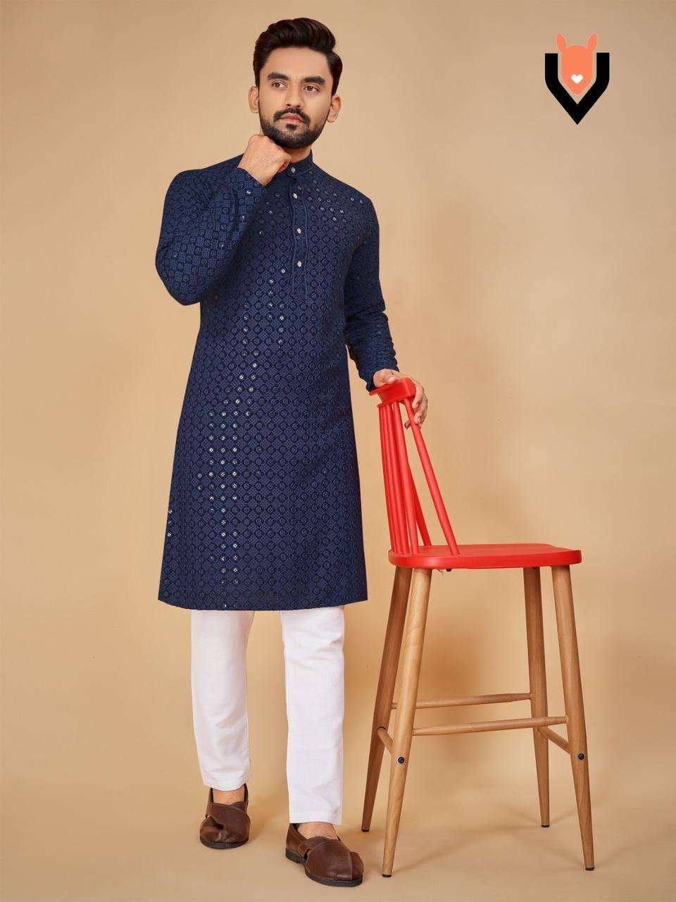 VENMER LUCKNOWI BY AQSAWHOLESALE RAYON SEQUENCE WORK MENS KURTA PAJAMAS