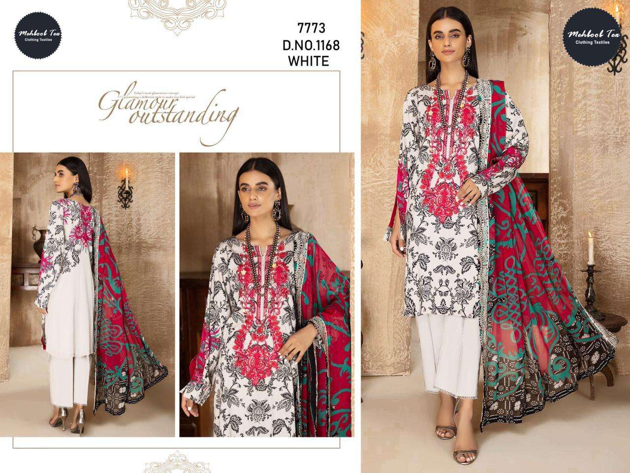 WHITE 1168 HIT DESIGN BY MEHBOOB TEX PURE COTTON PRINT WORK PAKISTANI DRESS