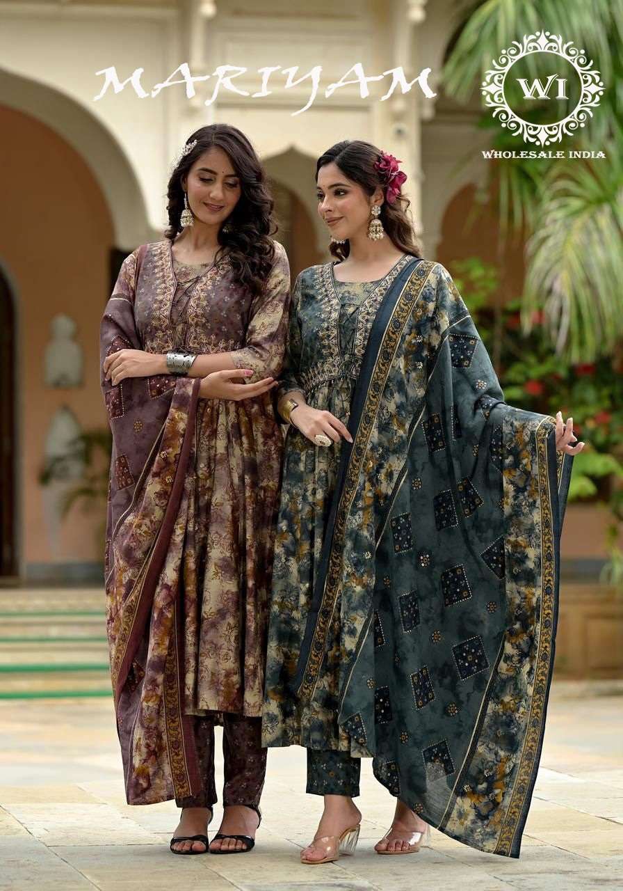 WI MARIYAM BY AQSAWHOLESALE MUSLIN PRINT WORK ANARKALI READYMADE DRESSES