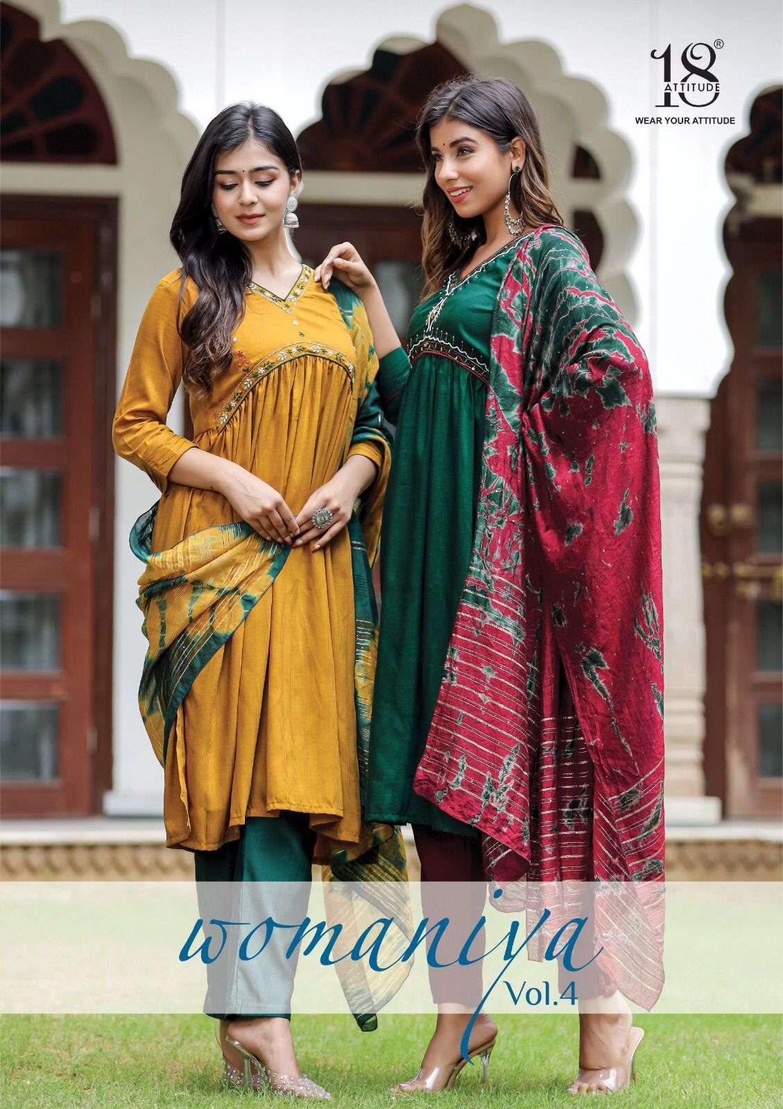 WOMANIYA VOL-1 BY 18 ATTITUDE 401 TO 404 SERIES MUSLIN CHINON WORK READYMADE DRESSES