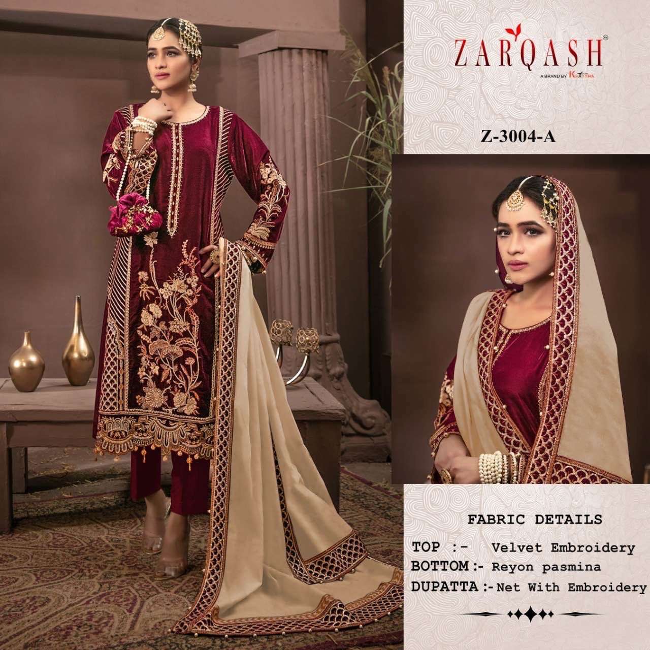 Z-3004 COLOURS BY ZARQASH 3004-A TO 3004-D SERIES VELVET EMBROIDERY READYMADE DRESSES