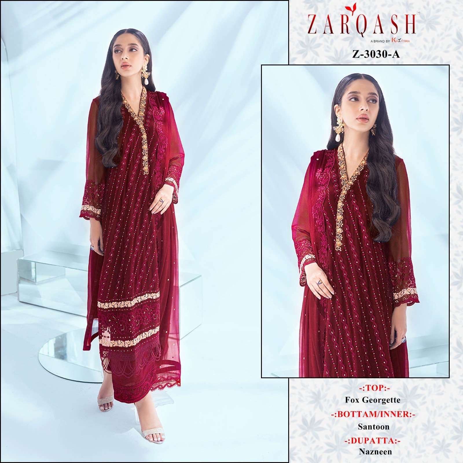 Z-3030 COLOURS BY ZARQASH 3030-A TO 3030-D SERIES FAUX GEROGETTE WORK DRESSES