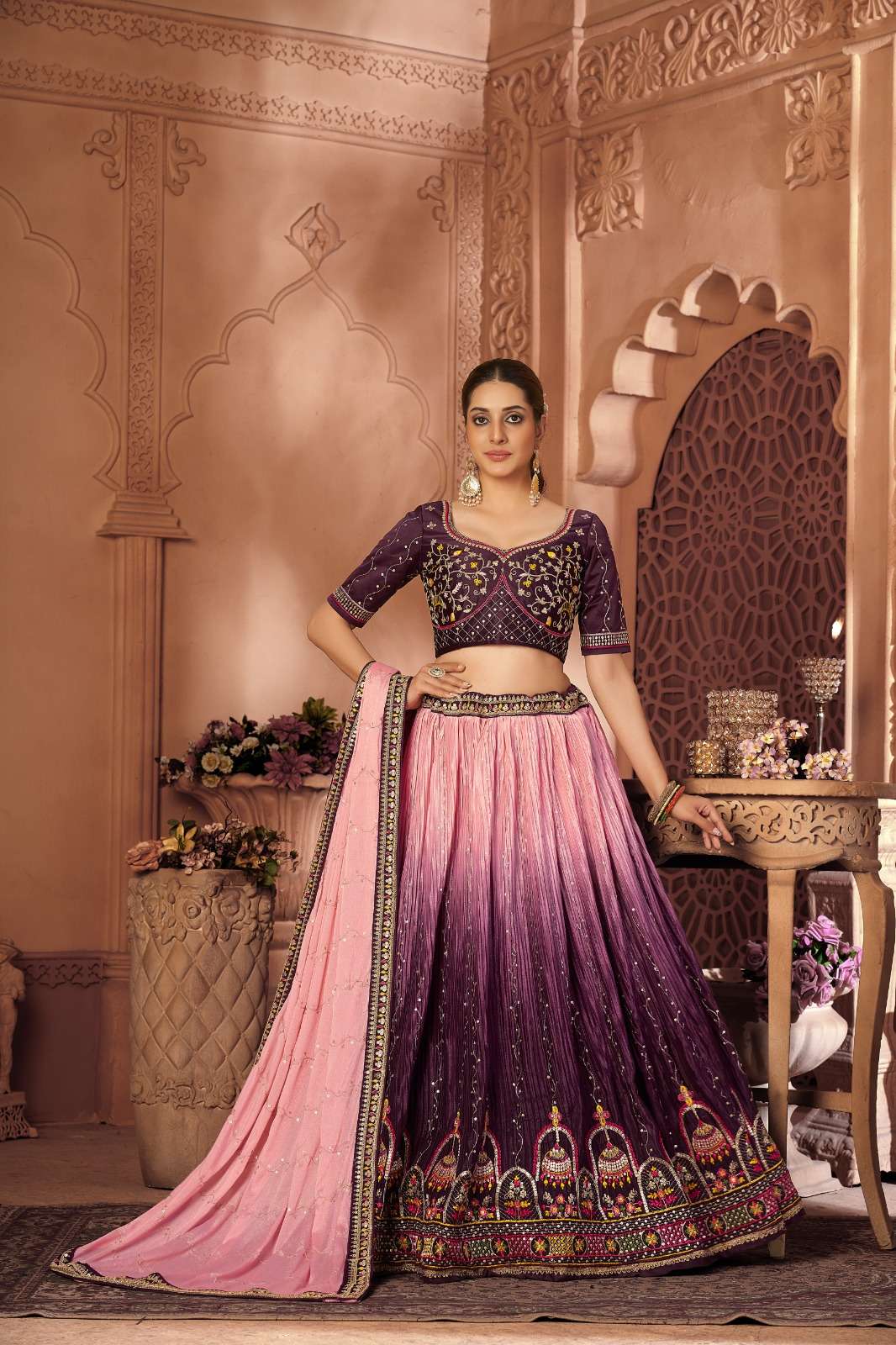 ZEEYA COUTURE BY VARNI FABRICS CHINON CRUSHED WORK BRIDAL LEHENGAS