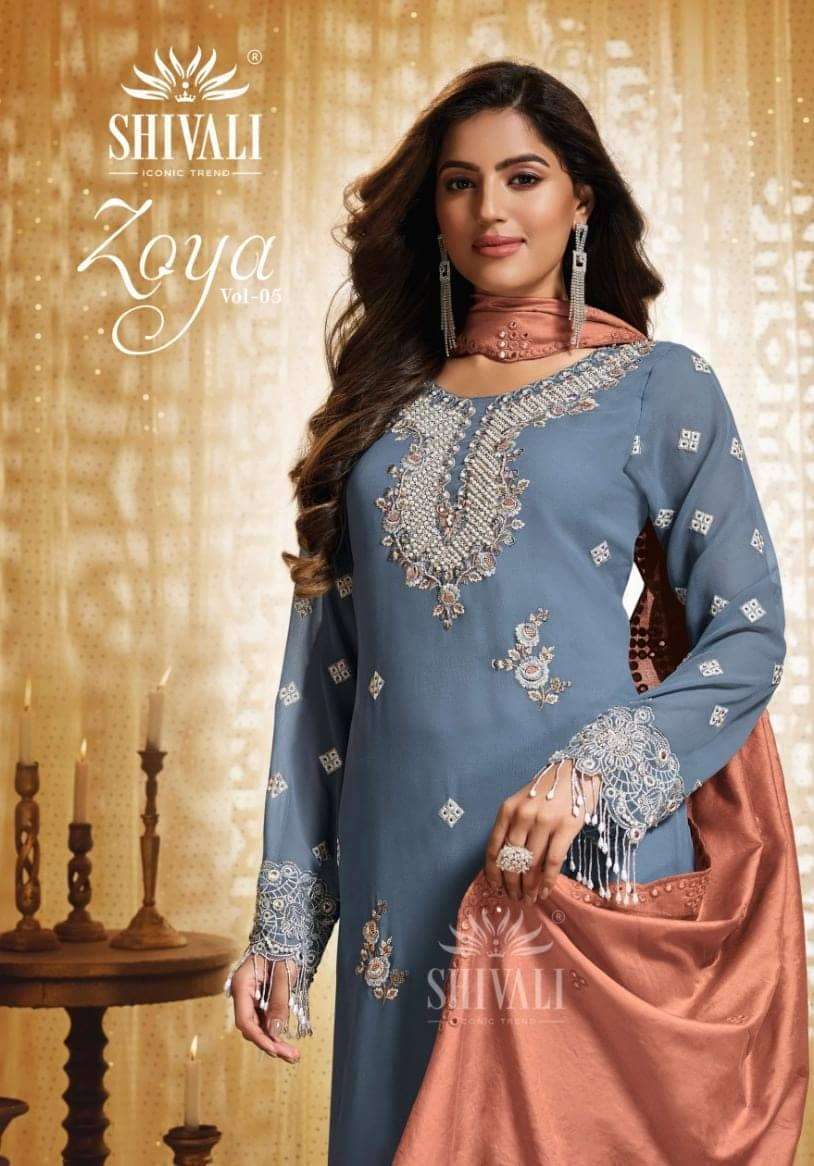 ZOYA VOL-5 BY SHIVALI 5001 TO 5005 SERIES GEORGETTE HEAVY WORK READYMADE PAKISTANI SUITS