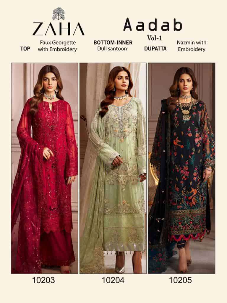 AADAB VOL-1 BY ZAHA 10203 TO 10205 SERIES GEORGETTE EMBRODIERY WORK PAISTANI DRESSES