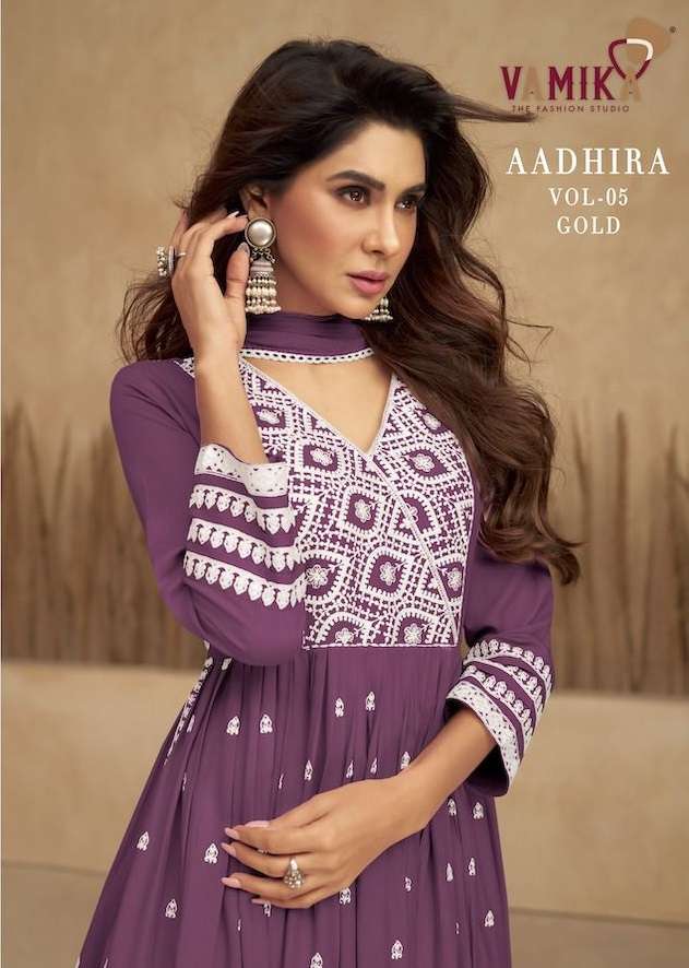 AADHIRA VOL-5 GOLD BY VAMIKA 1107-G TO 1107-J SERIES RAYON VISCOSE WORK READYMADE DRESSES