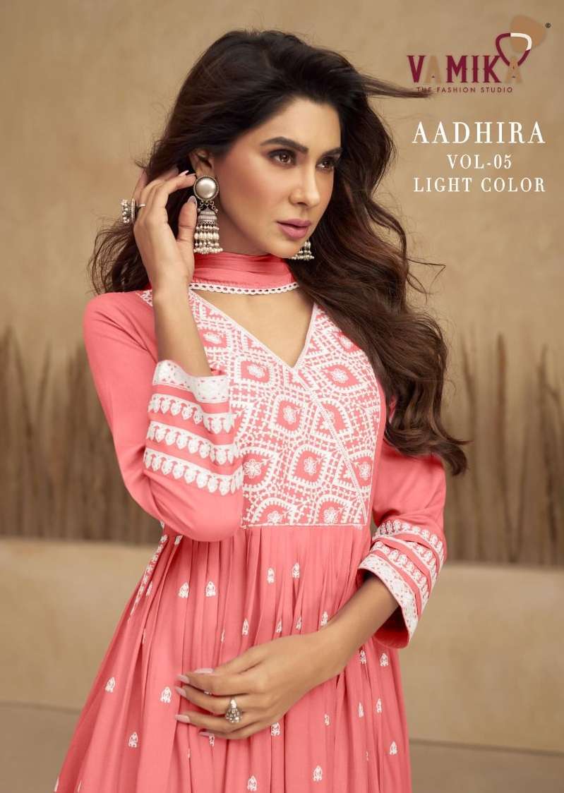 AADHIRA VOL-5 LIGHT COLOUR BY VAMIKA 1107-K TO 1107-O SERIES RAYON LUCKNOWI READYMADE DRESSES