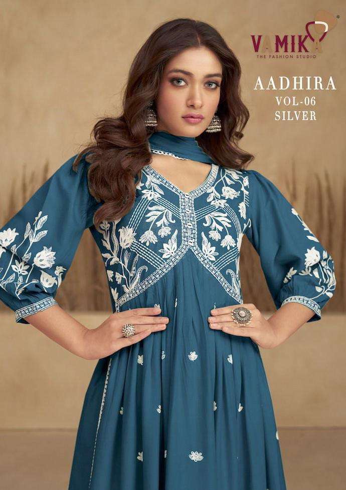 AADHIRA VOL-6 SILVER BY VAMIKA 1108-F TO 1108-J SERIES RAYON LUCKNOWI WORK READYMADE DRESSES