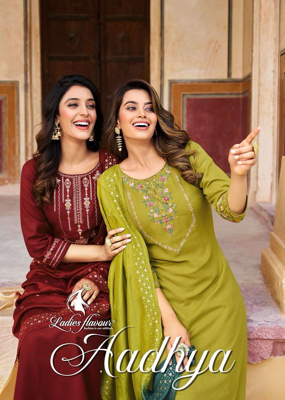 AADHYA BY LADIES FLAVOUR 1001 TO 1006 SERIES CHINON EMBROIDERY WORK READYMADE DRESSES