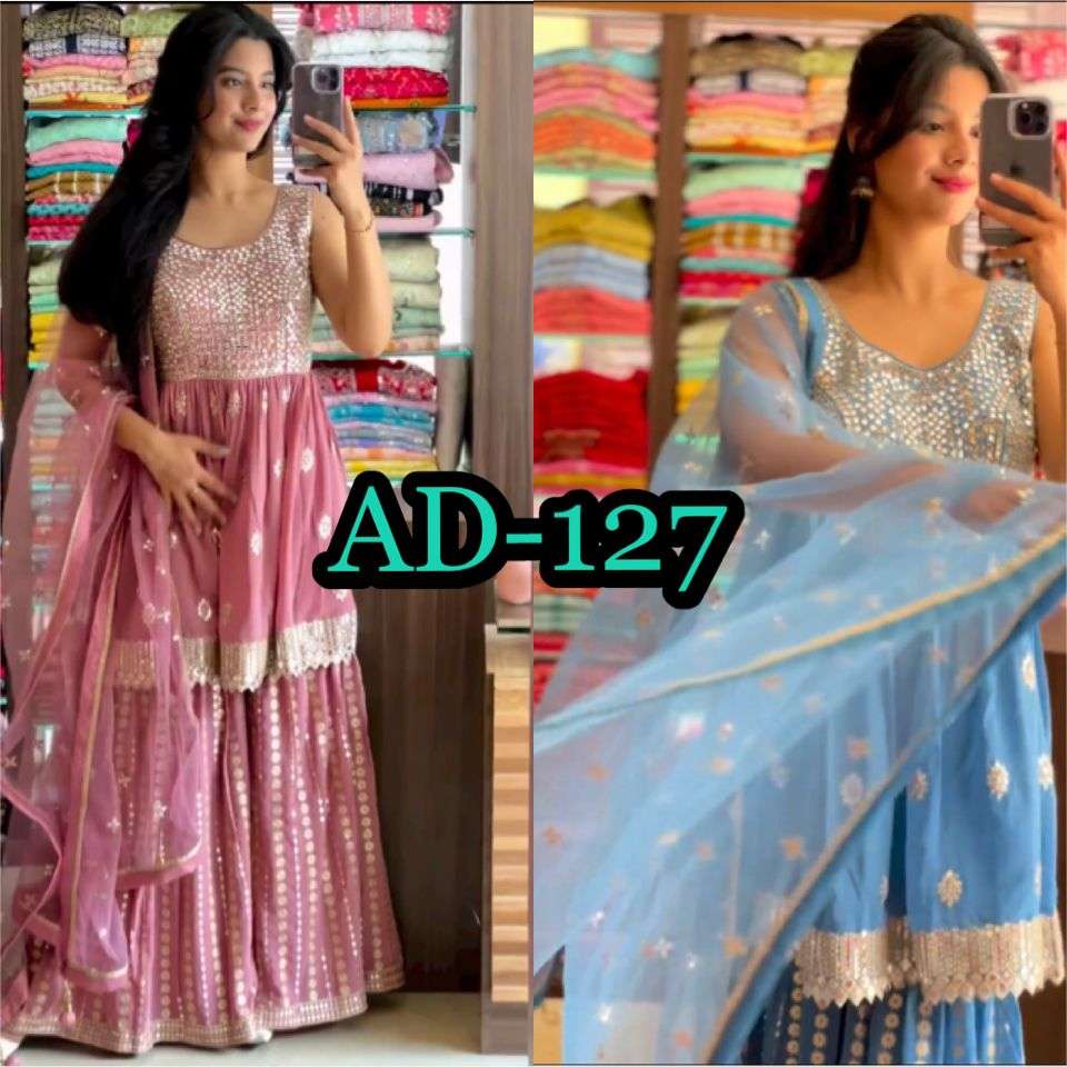 AD-127 NX BY AQSAWHOLESALE FAUX GEORGETTE EMBROIDERY SEQUENCE READYMADE DRESSES