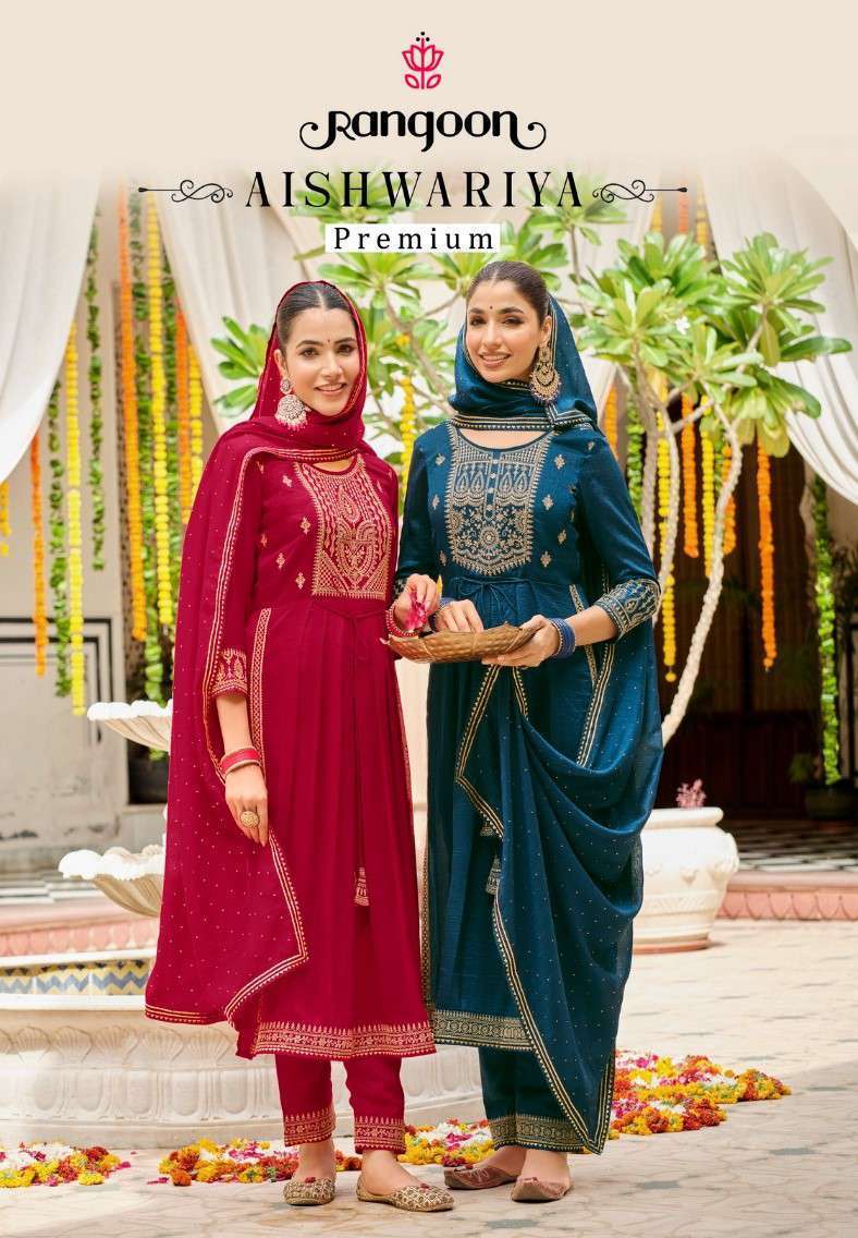 AISHWARIYA BY RANGOON 4681 TO 4686 SERIES SILK EMBROIDERY WORK READYMADE DRESSES