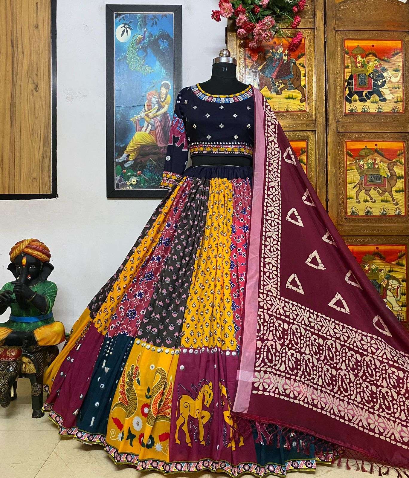 ALC-001 BY AQSAWHOLESALE MUSLIN COTTON PRINT WORK READYMADE NAVRATRI LEHENGA