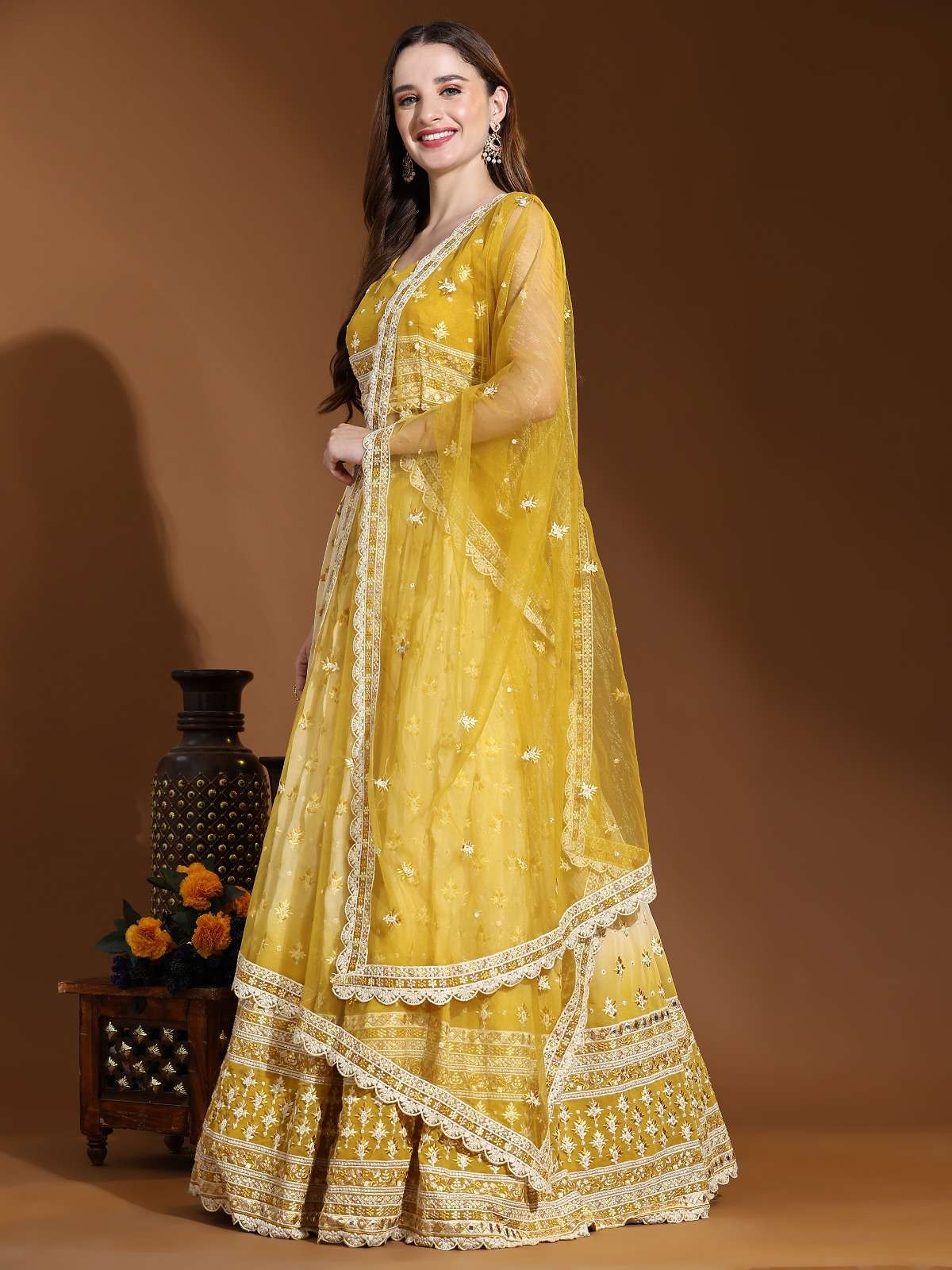 AT-1971 COLOURS BY AMOHA PURE VISCOSE GEORGETTE LUCKNOWI WORK READYMADE LEHENGAS