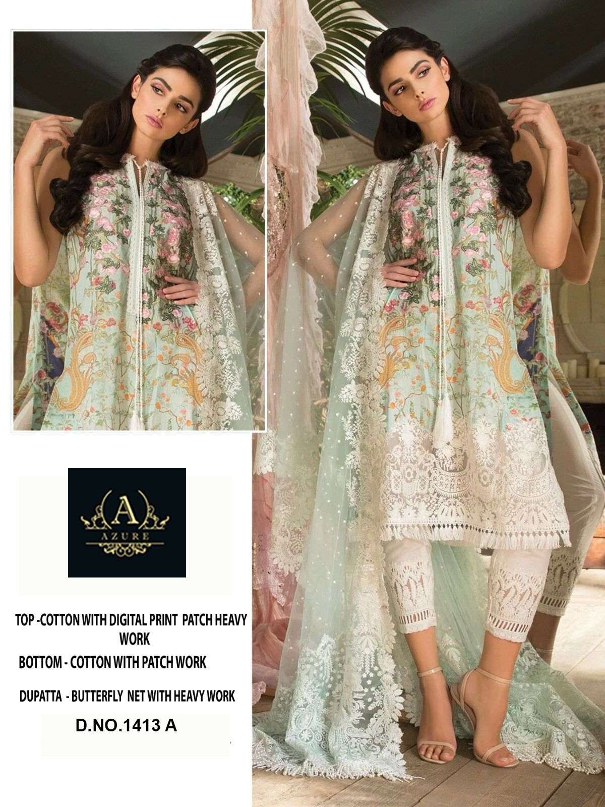 AZURE 1413-A TO 1413-C SERIES BY AQSAWHOLESALE COTTON EMBROIDERY PAKISTANI DRESSES