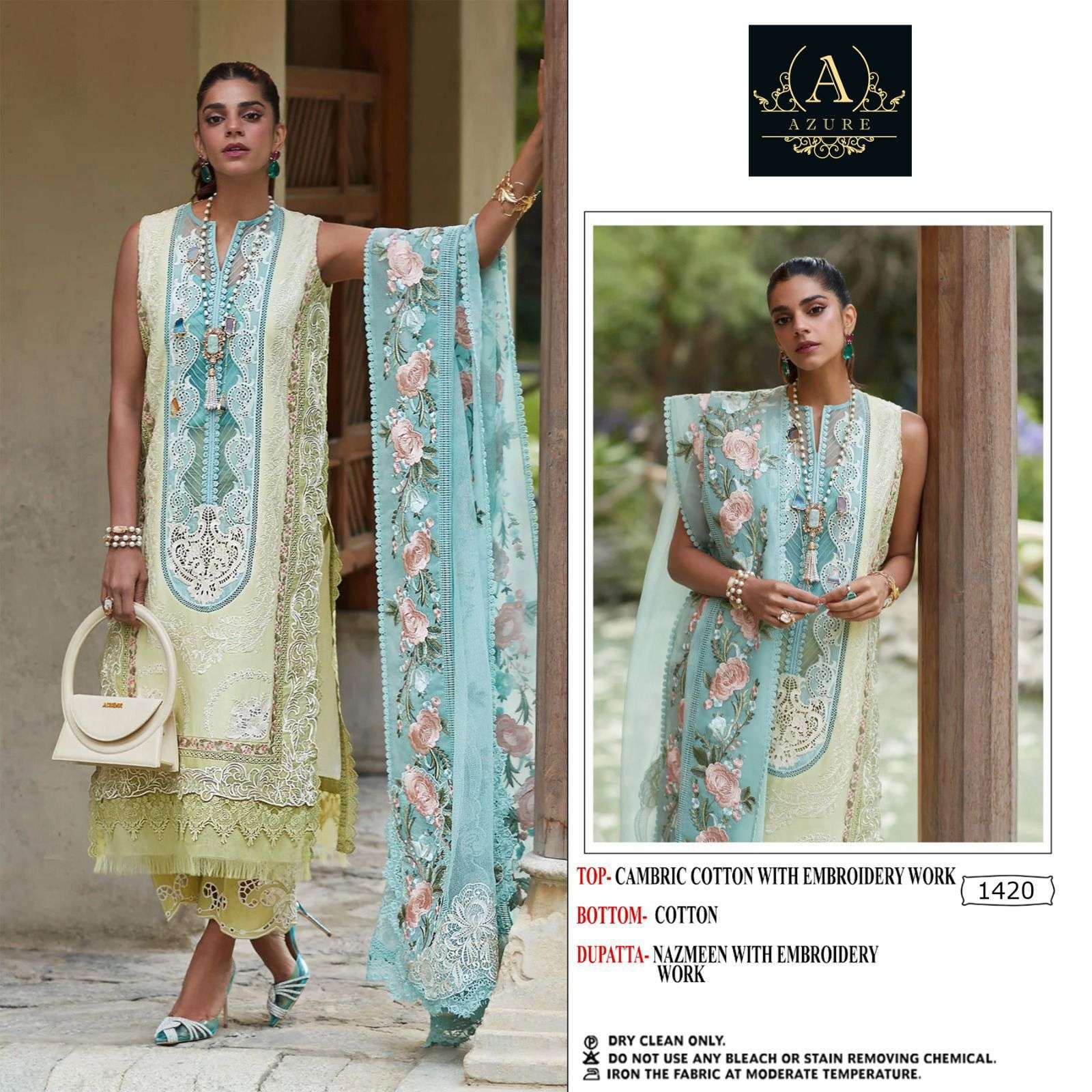 AZURE 1420 HIT DESIGN BY AQSAWHOLESALE CAMBRIC COTTON WORK PAKISTANI DRESS