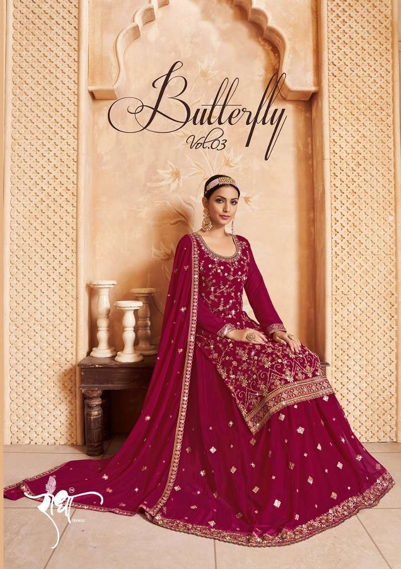 BUTTERFLY VOL-3 BY RADHA TRENDZ 1121 TO 1124 SERIES GEORGETTE WORK GHARARA SUITS