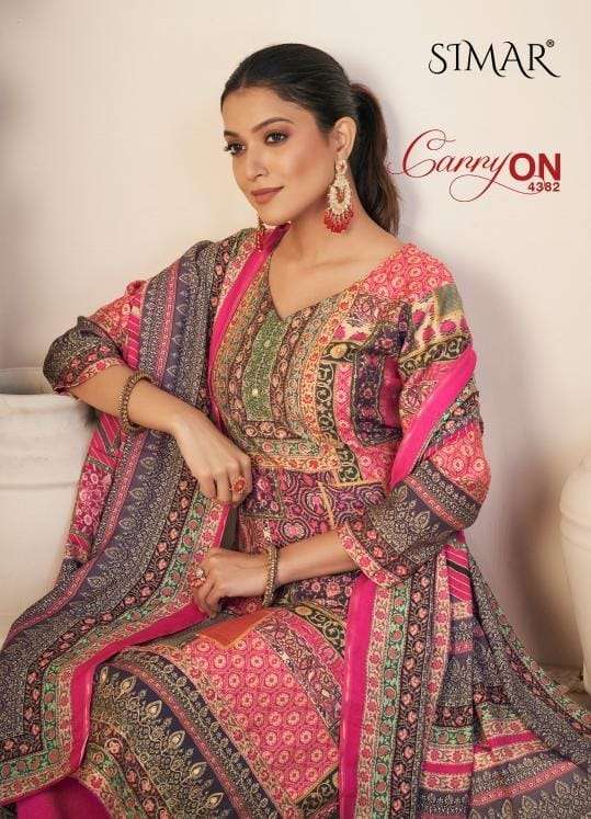 CARRY ON 4382-A TO 4382-D SERIES BY SIMAR MUSLIN PRINT HAND WORK DRESSES