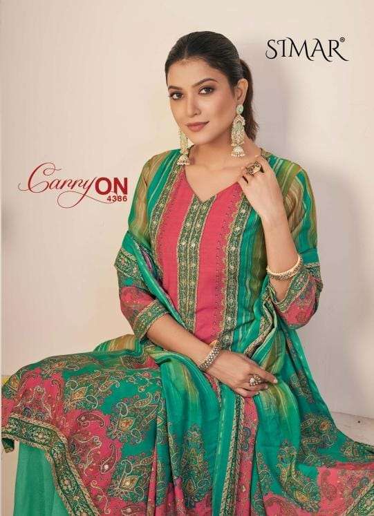 CARRYY ON 4386-A TO 4386-D SERIES BY SIMAR MUSLIN PRINT HAND WORK DRESSES