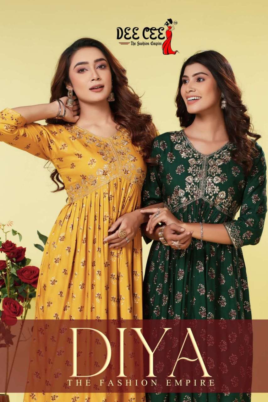 DIYA BY DEE CEE 101 TO 106 SERIES RAYON EMBROIDERY WORK KURTIS