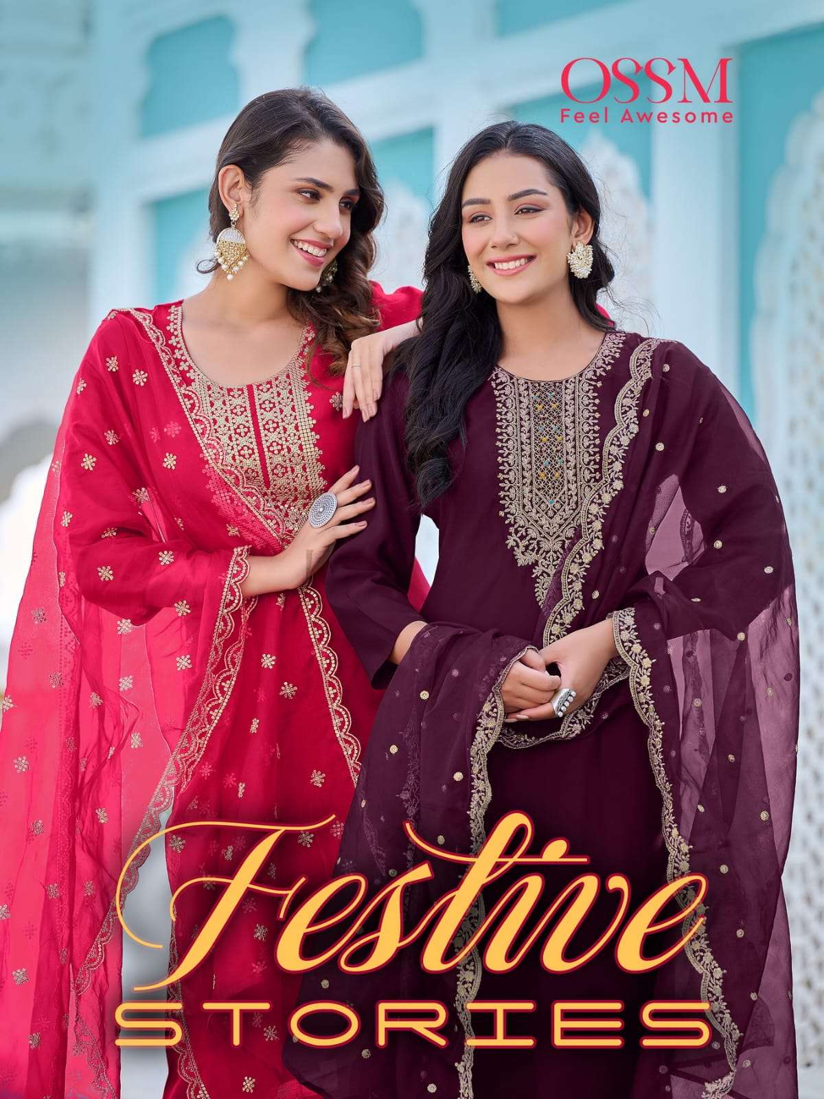 FESTIVE STORIES BY OSSM 101 TO 106 SERIES VISCOSE ROMAN SILK WORK READYMADE DRESSES